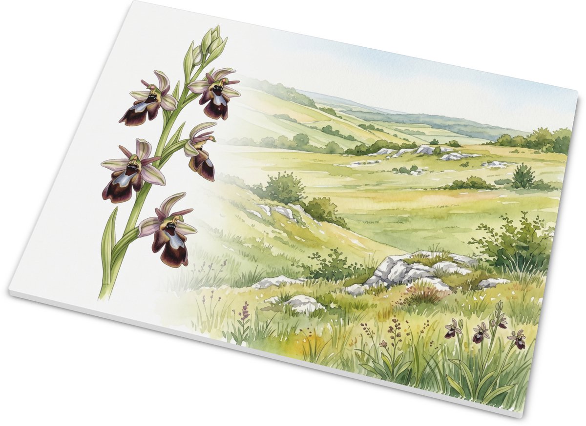 Tegeltje met vliegenorchis in kalkgrasland - Ophrys insectifera aquarel illustratie - Deco