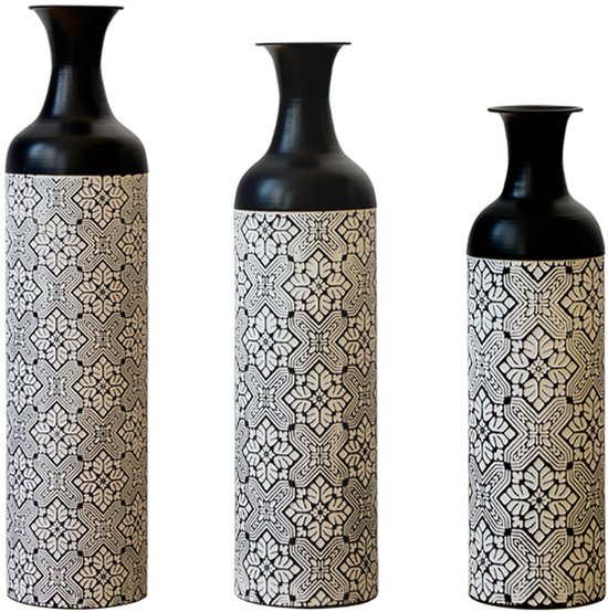 Vloervaas - Hoge Staande Vaas - Vaas Pampasgras - Vazenset 3 Delig - Geometrisch - Stapelbaar - Niet Waterdicht - Decoratief - Woonkamer - Hoog - 3-Delig - Zwart Wit