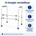 Wit toiletframe met grijze armleuningen, in hoogte verstelbaar van 650-780 mm.