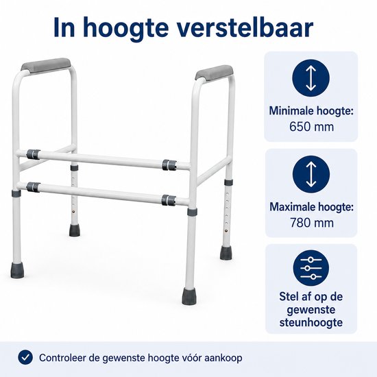 Wit toiletframe met grijze armleuningen, in hoogte verstelbaar van 650-780 mm.