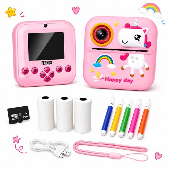 Roze instant camera, kittenfoto's, printrollen, kleurpotloden, micro SD-kaart en USB-kabel.