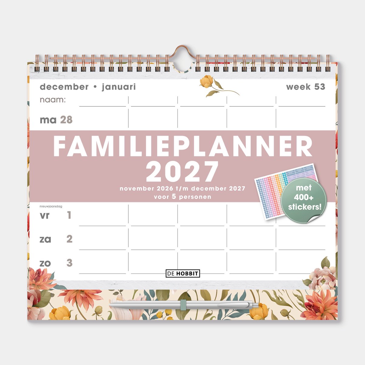 Hobbit - Familieplanner 2027 - A4+ (25,5 x 30 cm) - Familie kalender - Spiraalgebonden - 5 personen - met pen en stickers - Vintage Bloemen