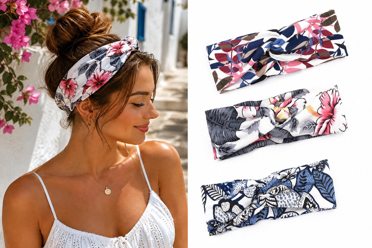 Set van 3 Dames Haarbanden met Knoop – Gebloemd, Blauw-Bruin & Roze-Grijs – Elastische Haaraccessoires van Polyester