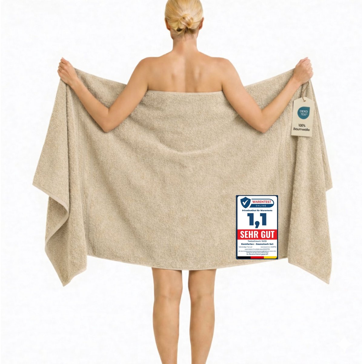 Komfortec Badhanddoek 100x200 cm van 100% Katoen, XXL Saunahanddoek, Grote Douchehanddoek, Zacht & Absorberend, Beige