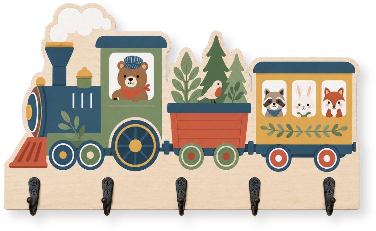 Jooba Kinderkapstok - Trein - Kinderkamer - 5 Haken - Kapstok met trein - Babykameraccessoires - Locomotief - Hout - Wandkapstok - Met bevestigingsmateriaal