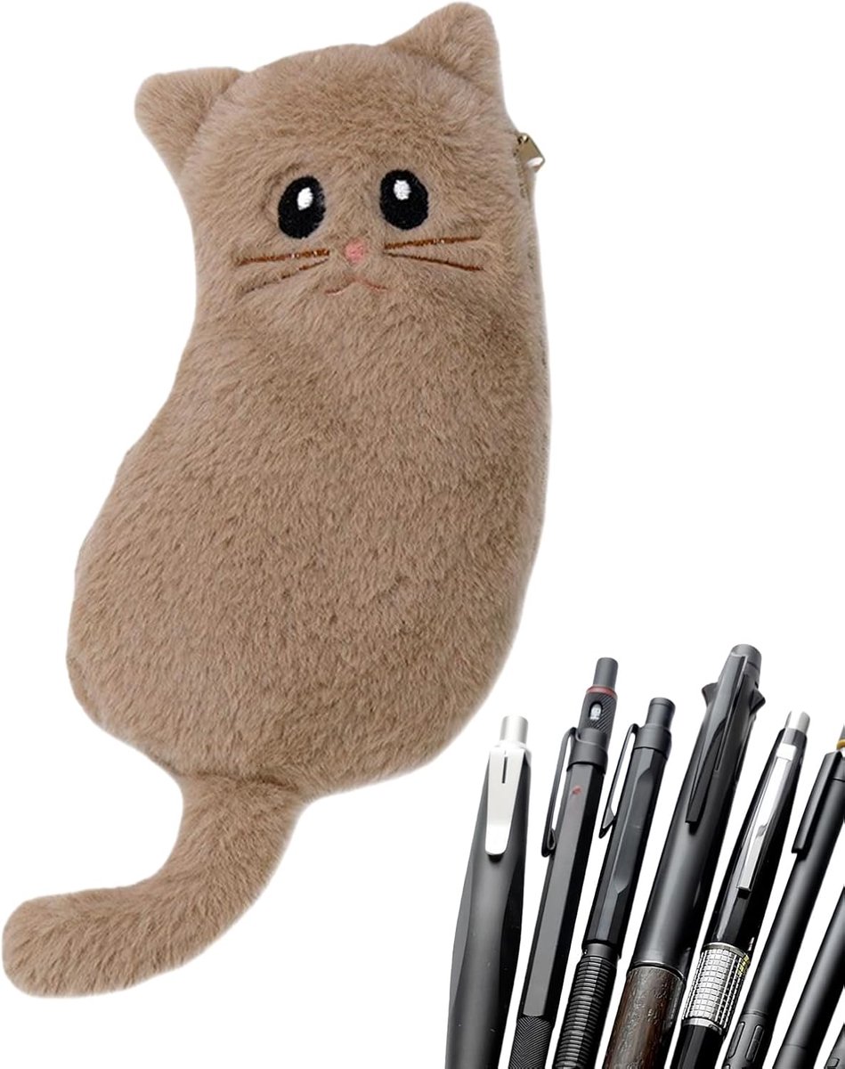 Potlood Pluche Organizer - Etui Kat - Briefpapier Opbergen - Schattig Ontwerp - 26 x 14 cm - Kaki