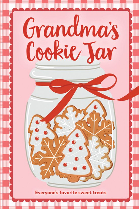 Livre de cuisine à motif vichy rouge et blanc, illustré d'un bocal rempli de biscuits de Noël avec le texte Grandma's Cookie Jar.