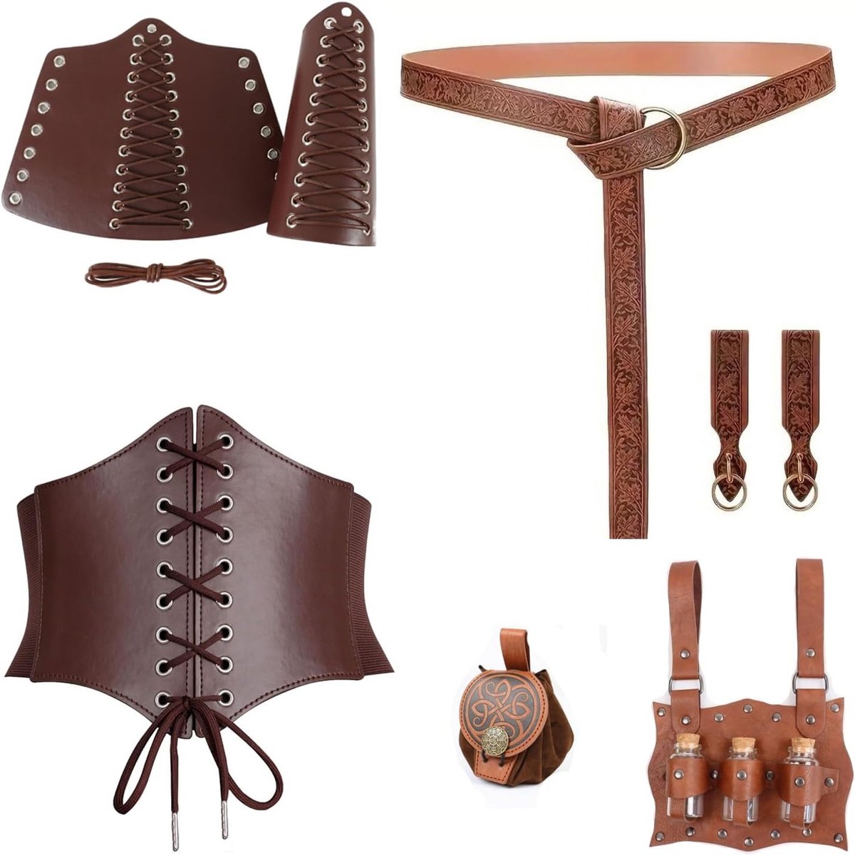 8 Stuks Renaissance Riem Pouch Portemonnee Viking Bracer Rok voor Wandelingen en Festivals, Middeleeuws Kostuum Set met Kurk Potion Fles en Elastische Taille Riem