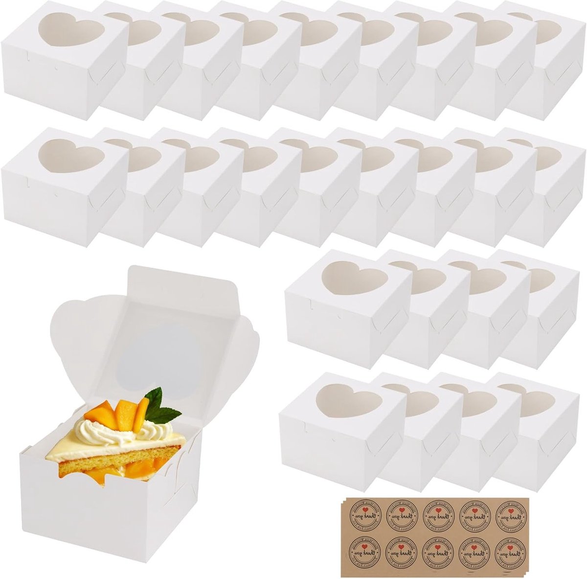 50 stuks kleine cakeboxen, 10 cm witte cupcakeboxen met hartvenster en stickers, ideale verpakking voor cupcakes, koekjes en desserts