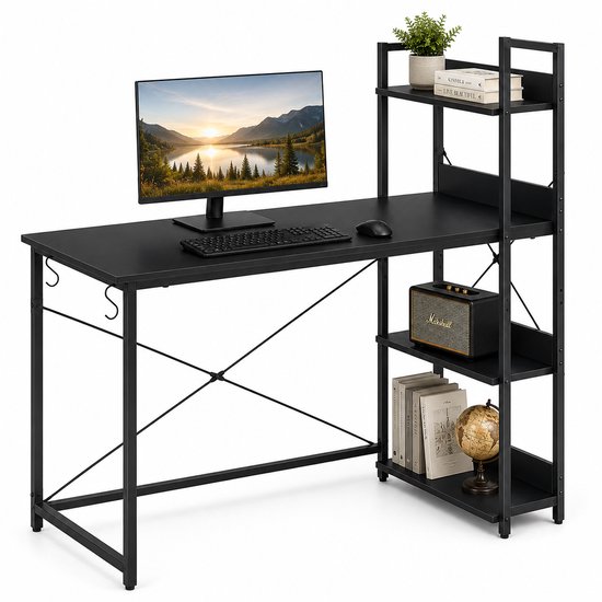 Zwart bureau met aan de rechterkant boekenplanken, een monitor, toetsenbord en muis.