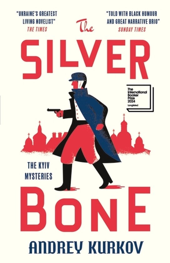 Couverture de livre avec les lettres rouges pour 'The Silver Bone' et une illustration d'un homme en manteau bleu et pantalon rouge, tenant un pistolet.