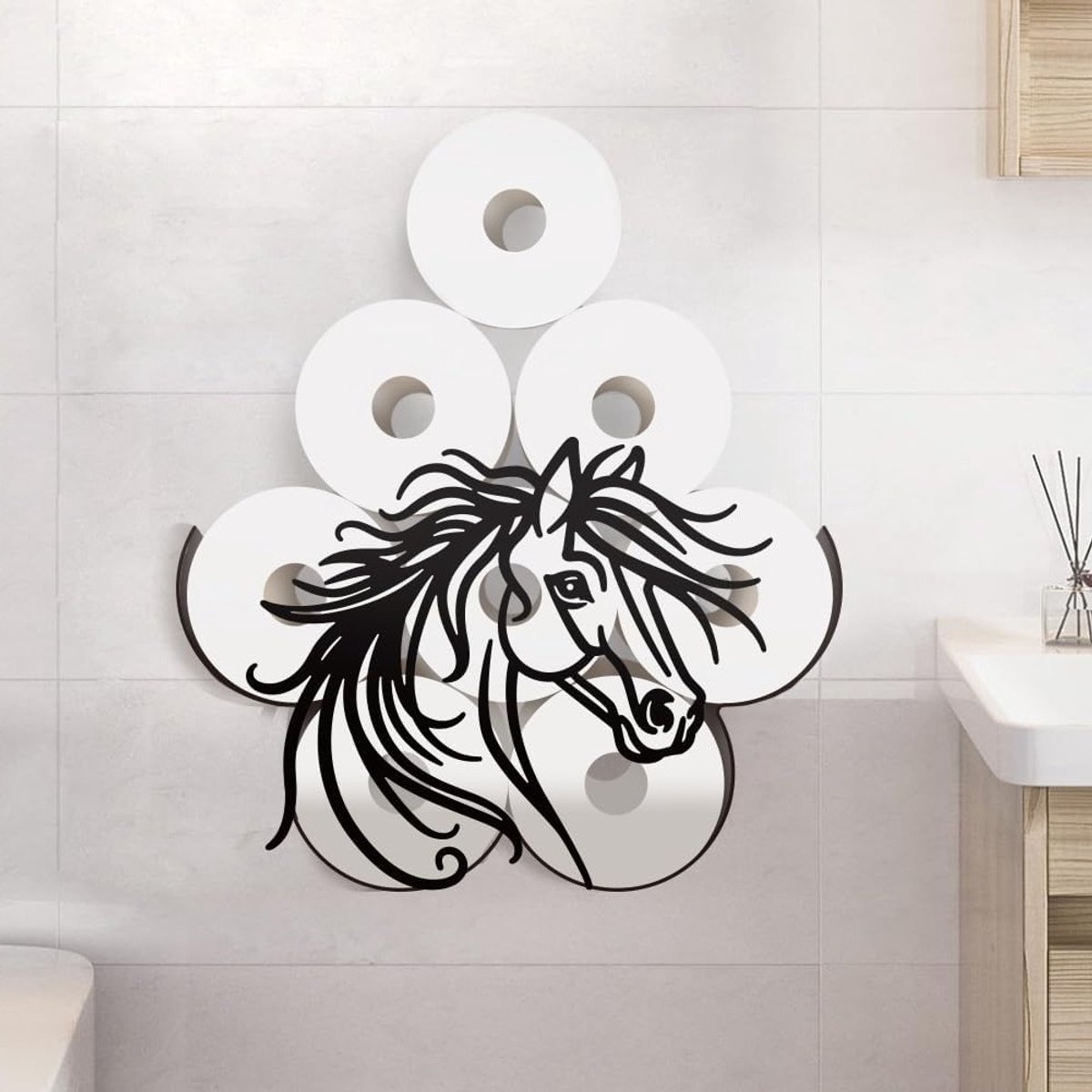 Zwarte metalen toiletpapierhouder voor 8 extra rollen, wandmontage, decoratieve opslag voor badkamer en kantoor, ideaal als cadeau