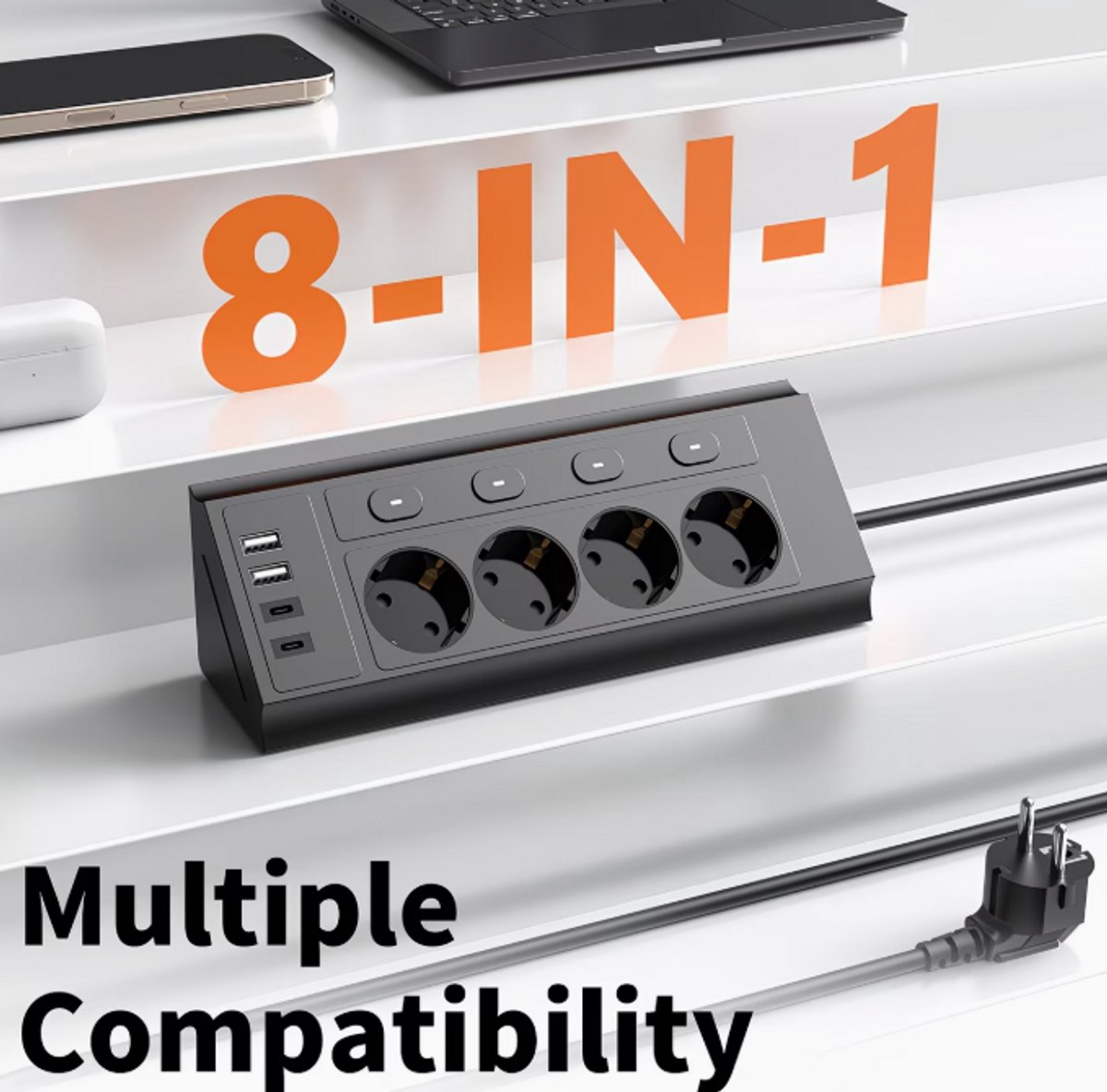 Zwart stekkerdoos met USB & USB-C – 4 Stopcontacten, 2 USB & 2 Type-C Poorten | 1,5 Meter Verlengsnoer met Schakelaar