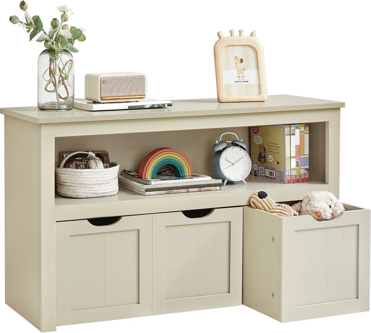 Homesy Kinderplank - speelgoedopberger voor kinderen - opbergkast - speelgoedkast - opbergdoos met wielen - speelgoedplank - voor kinderkamer - zandbeige - 30 x 102 x 60 cm