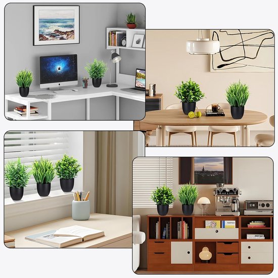 Collage van vier interieurs met kunstplanten in zwarte potten, waaronder een bureau en eettafel.