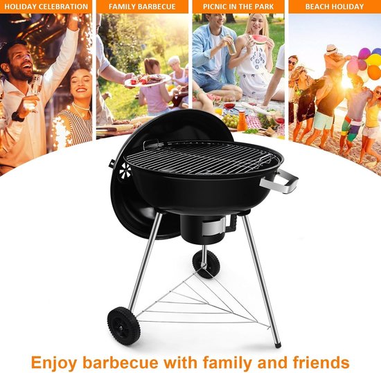 Kogelbarbecue 54 cm met Deksel - Houtskool BBQ Grillwagen met Wielen - Ronde Houtskoolgrill 64 x 64 x 99 cm voor Tuin, Camping, Terras, Picknick en Buiten Koken — afbeelding 4