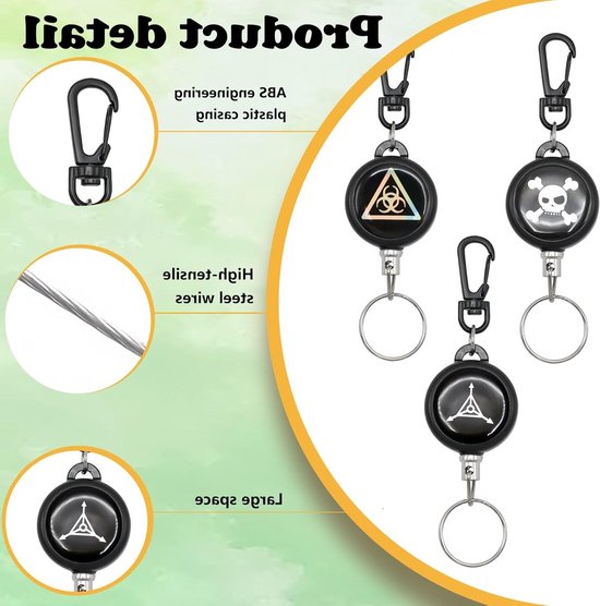 Set van 3 badge reels met uitrekbare sleutelhanger van 60 cm - stevige ID-houder met clip - zwart, compact ontwerp voor werk, reizen en dagelijks gebruik — afbeelding 4