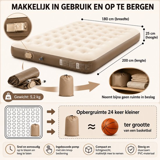 HomeGoodies - Luchtbed - luchtbed met ingebouwde pomp - Luchtmatras - Camping matras - Extra grote luchtbed - 80x200x25cm - Beige van Homegoodies — afbeelding 5