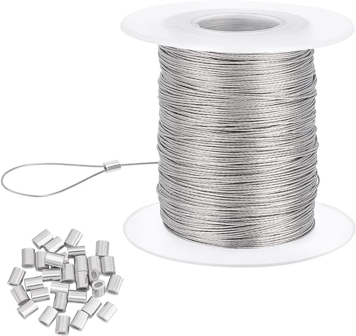 Dailygoods- Ophangdraad 100 m - Roestvrij Staal - 0,5 mm Diameter - 30 Krimphulzen - Multifunctionele Draadkabel - Ideaal voor Wanddecoraties - Staaldraad