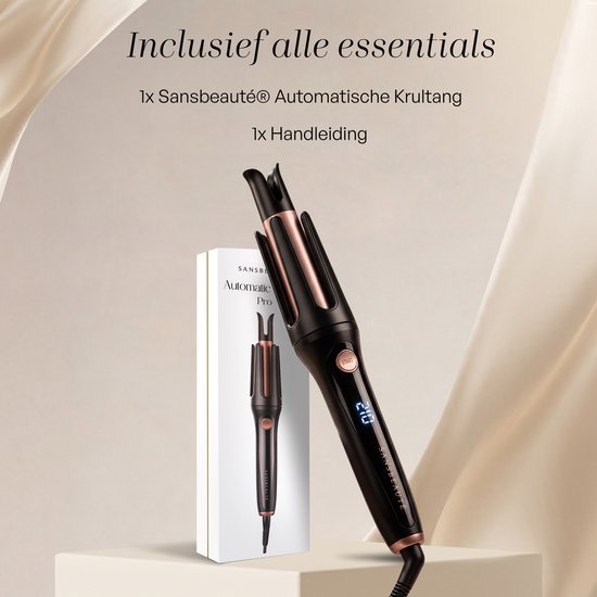 Automatische krultang in zwart met roségouden details, met doos en handleiding.