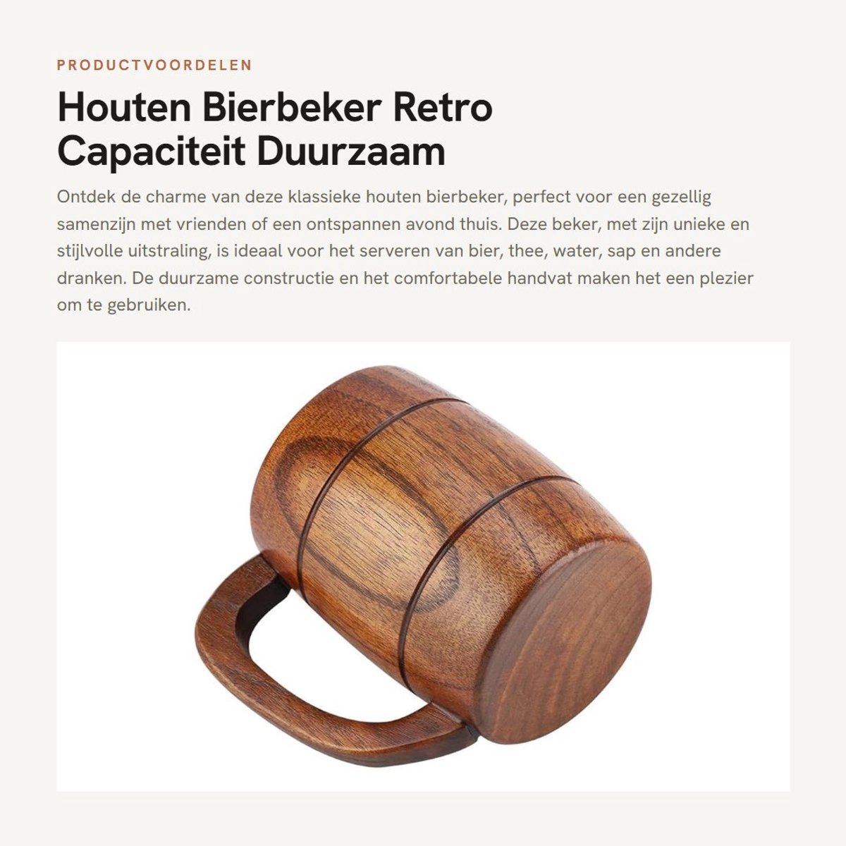 Dailygoods- Bierbeker - Houten Bierbeker - Grote Capaciteit - Duurzaam - Gezond en Milieuvriendelijk - Handvat - Fijn Vakmanschap - Houten Mok