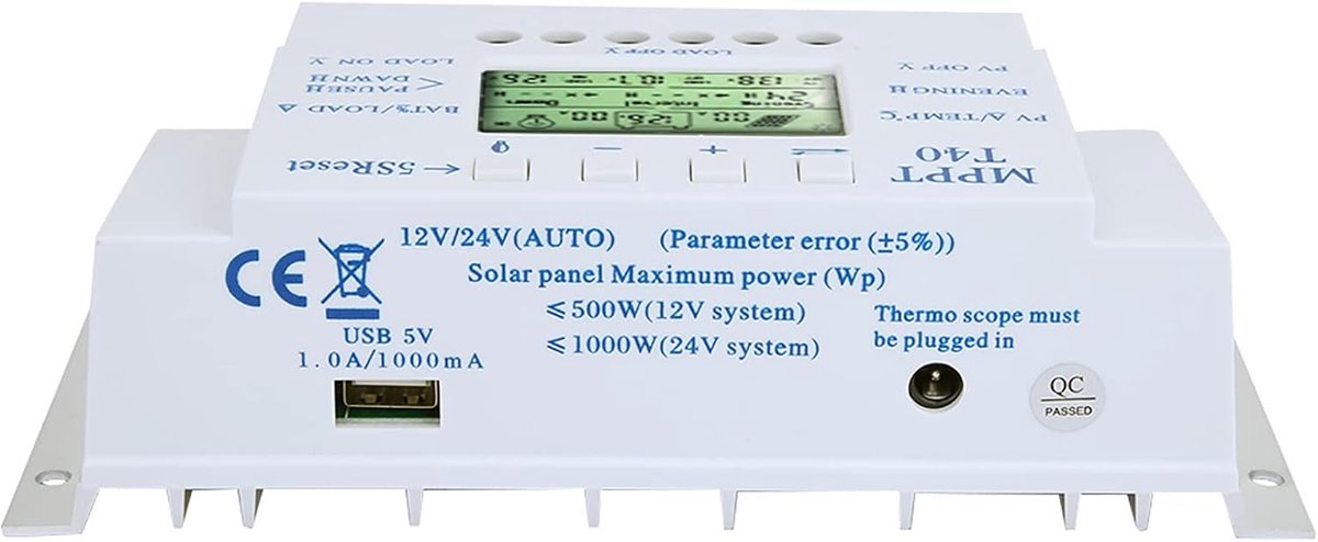 Zonne Laadregelaar - MPPT PWM - Energiebeheer - LCD Display - 40A - Zwart