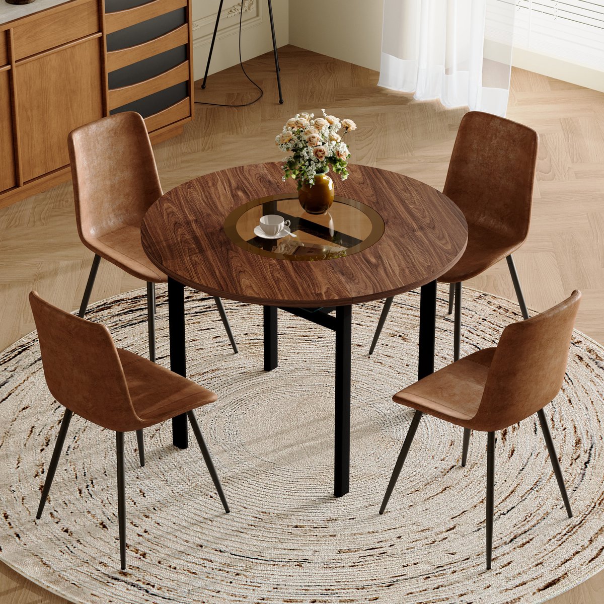 STILVORA Tafel En Stoelen Set - Ronde Eettafel Met Glasinleg En Opbergrek - Voor Woonkamer