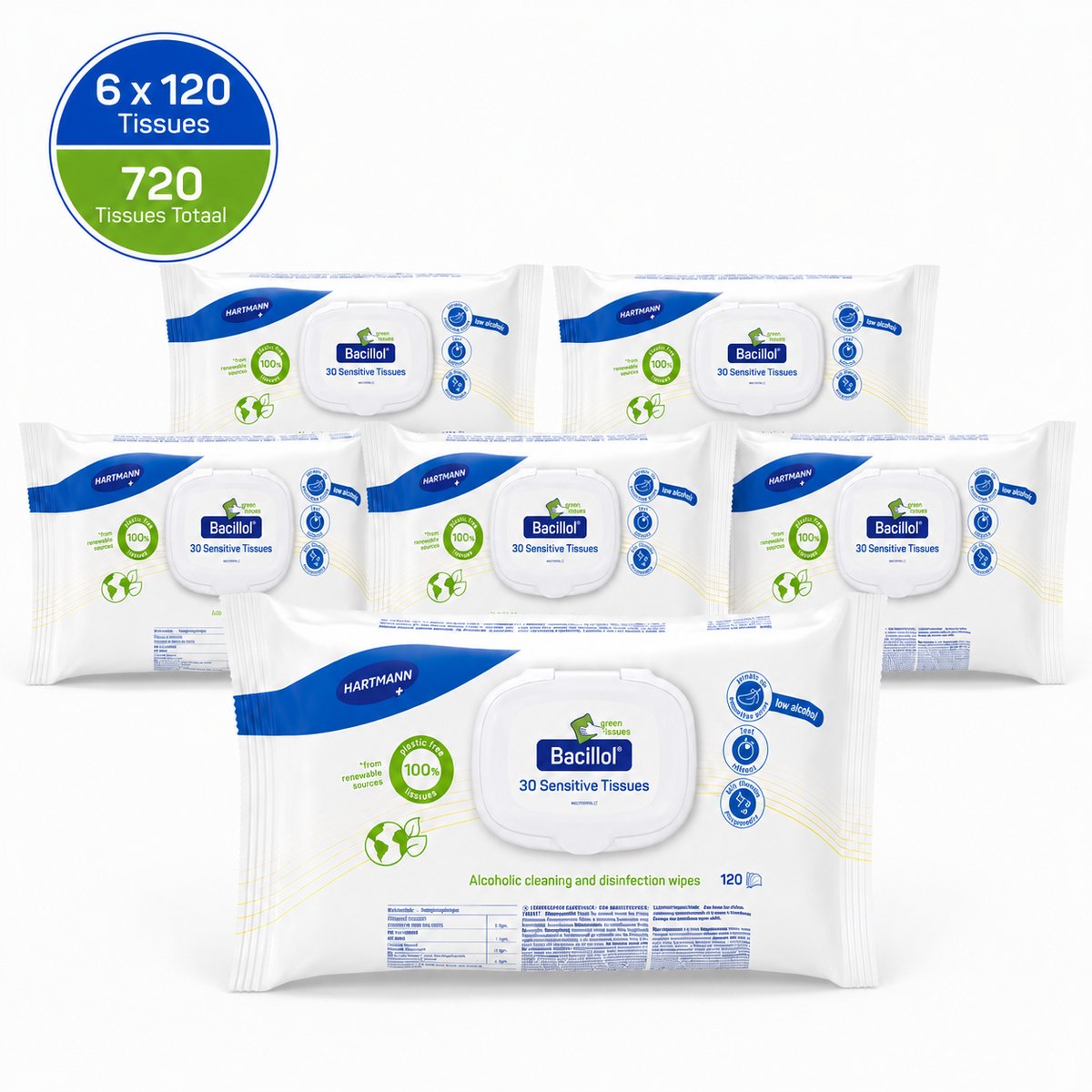 HARTMANN Bacillol 30 Sensitive Green Tissues – 6 x 120 Desinfectiedoekjes – 720 Stuks – Voor Gevoelige Oppervlakken – 100% Plasticvrije Tissues – Hersluitbare Flowpack