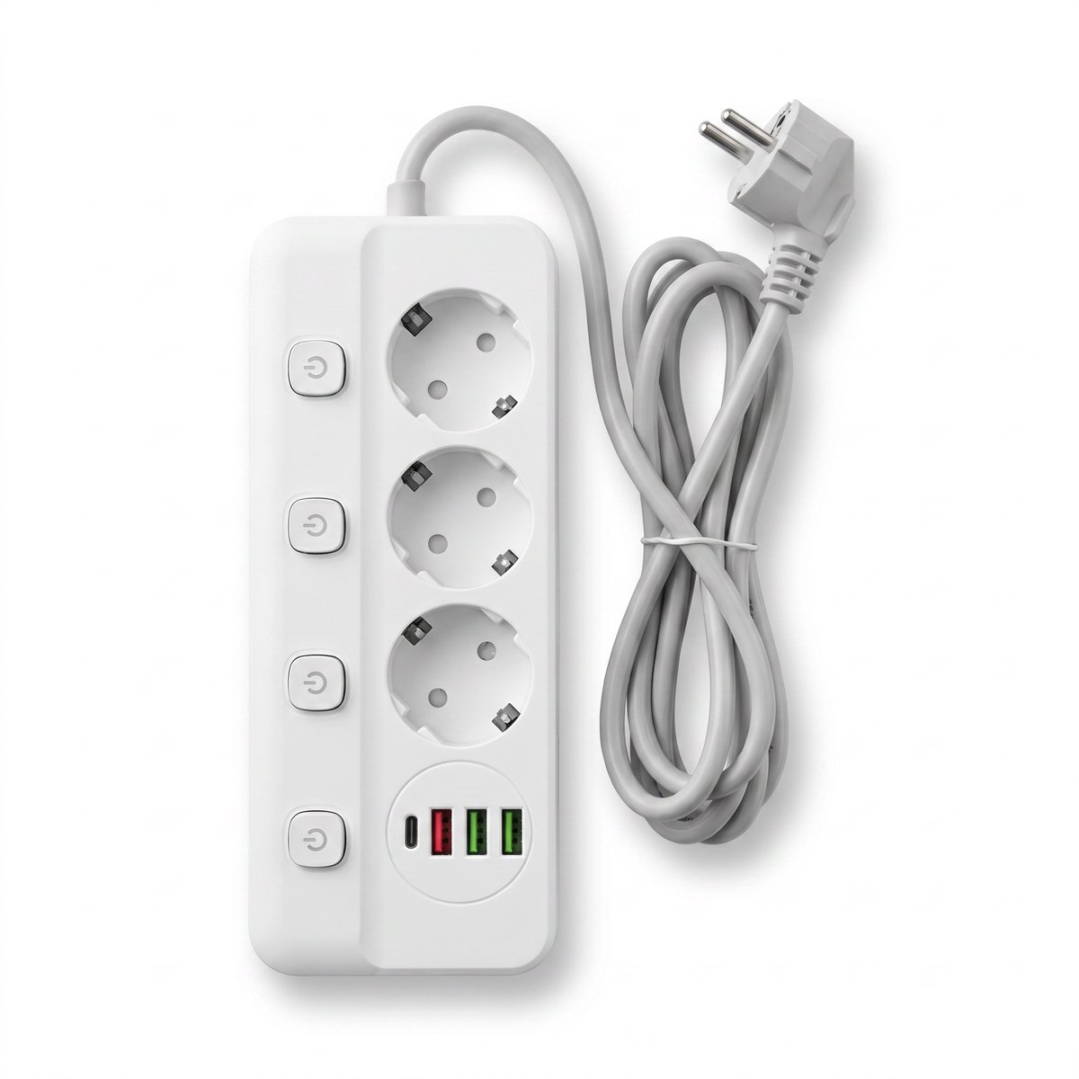 OneProduct Contactdoos met USB C - 3-voudige Stekkerdoos - 4 Schakelaars - 2 Meter - Slim Laden - Wit