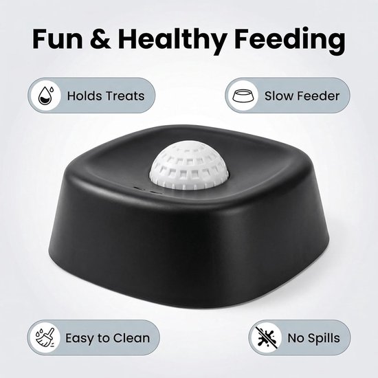 Zwarte voerbak met witte bal. Kenmerken: 'Perfect Size', 'Holds Treats', 'Slow Feeder', 'Easy to Clean', 'No Spills'.