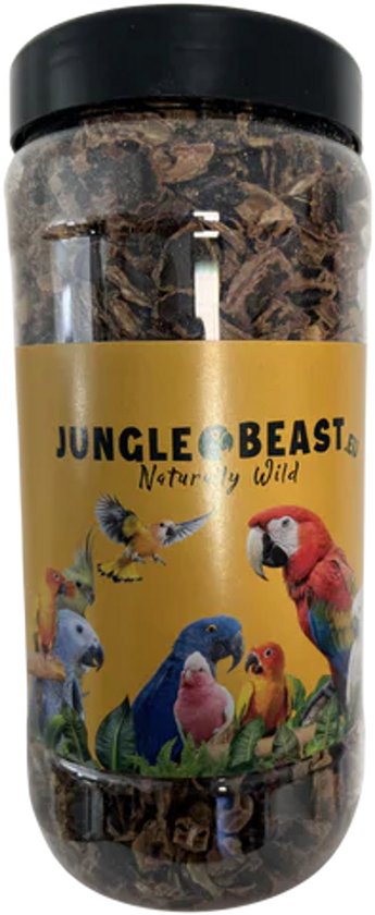 Doorzichtige pot met johannesbrood van Jungle Beast, met een afbeelding van papegaaien.