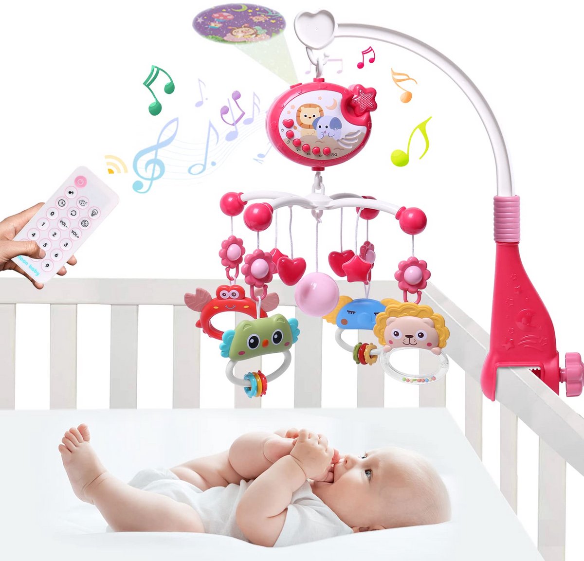 VONKELIOS®Babyslaapmobiel met projector en muziek - afstandsbediening babymobiel voor pasgeborenen - 360° roterend verlicht hangend rammelaarspeelgoed - babykribspeelgoed - Rood