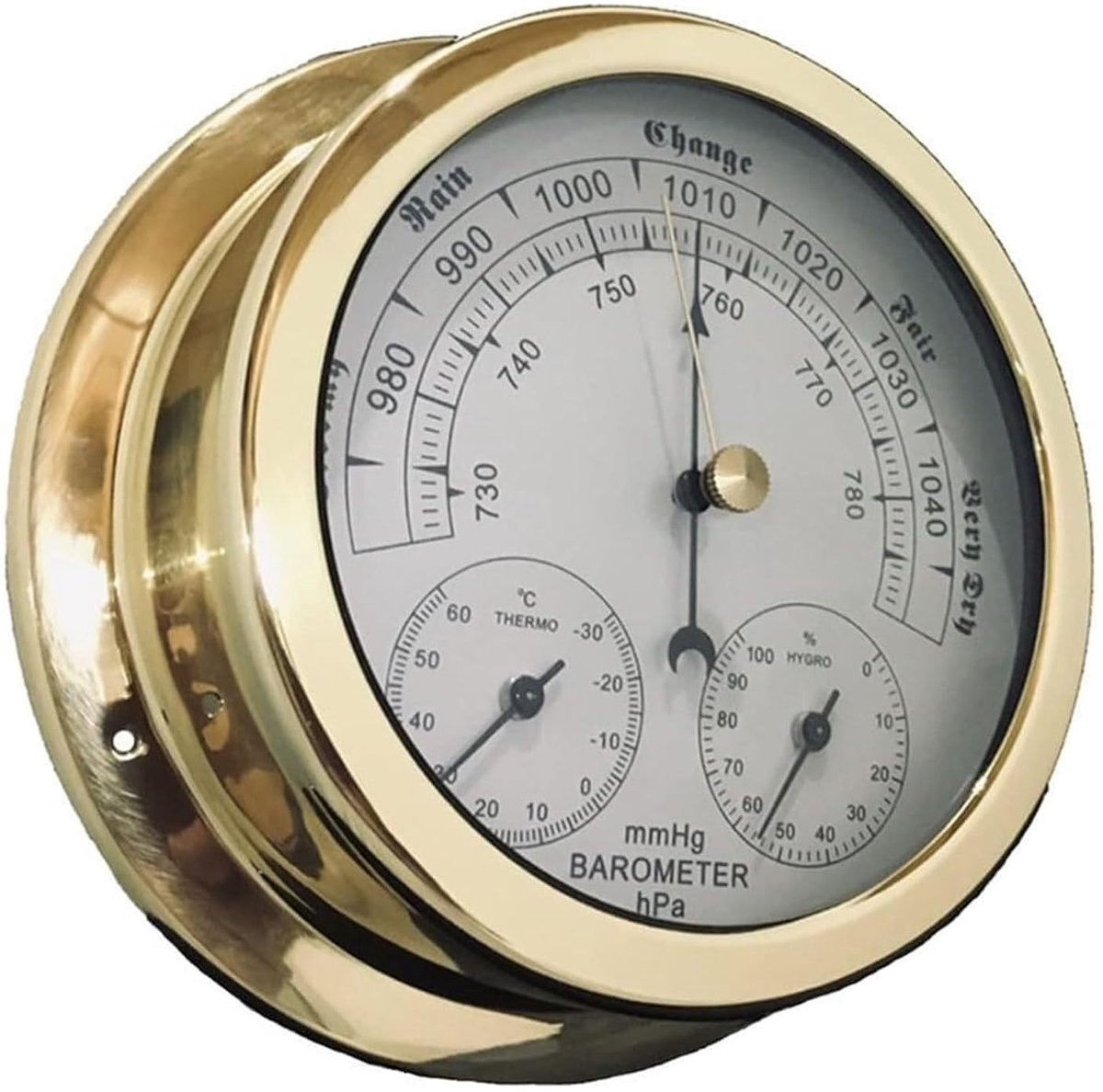 Weerstation Barometer - Luchtdrukmeter Temperatuurmeter - Weersvoorspelling Binnen - 3-in-1 Functie - 14 cm Diameter - Messing Kleur
