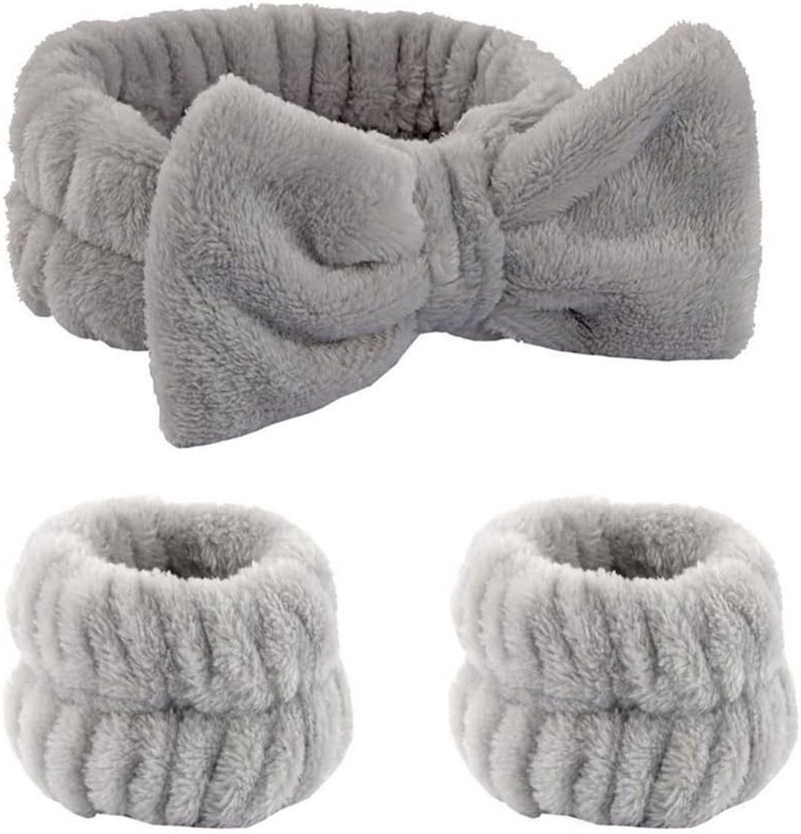 Set van 3 Fleece Hoofdbanden en Polsbanden voor Dames - Ideaal voor Douche, Make-up en Yoga - Grijze Set van 2 met Strikdesign