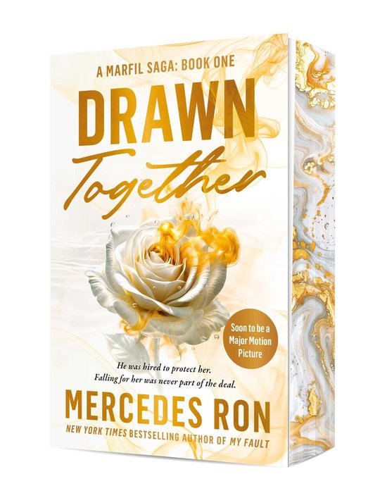 Couverture du livre 'Drawn Together' de la Saga Marfil, avec une rose dorée et des gouttes d'eau. "Soon to be a Major Motion Picture".