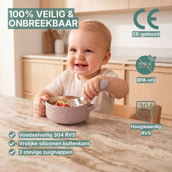 Broemba RVS Baby Bord met zuignap + Baby Bestek - 100% BPA-vrij Kinderservies - Kommetje met Lepel en Vork - Roze Baby Servies van Broemba — afbeelding 5