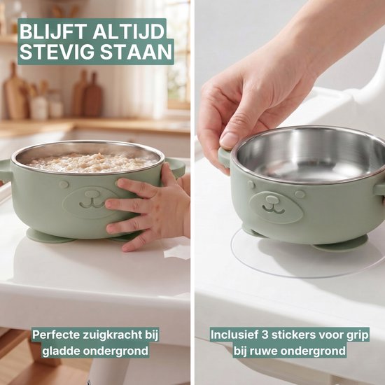 Broemba Kinderservies RVS - Baby Bord met Zuignap & 3 zuignap stickers - Kommetje met Baby Bestek - BPA-vrij Baby Servies met Lepel en Vork - Groen van Broemba — afbeelding 2