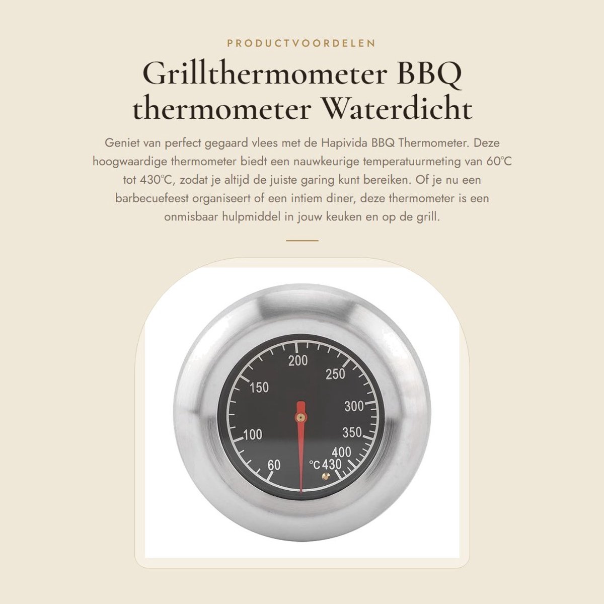 Dailygoods- BBQ Thermometer Draadloos - Kamado Thermometer - Analoog - 60-430°C Meetbereik - Roestvrij Staal - 76mm Diameter - Grill Thermometer