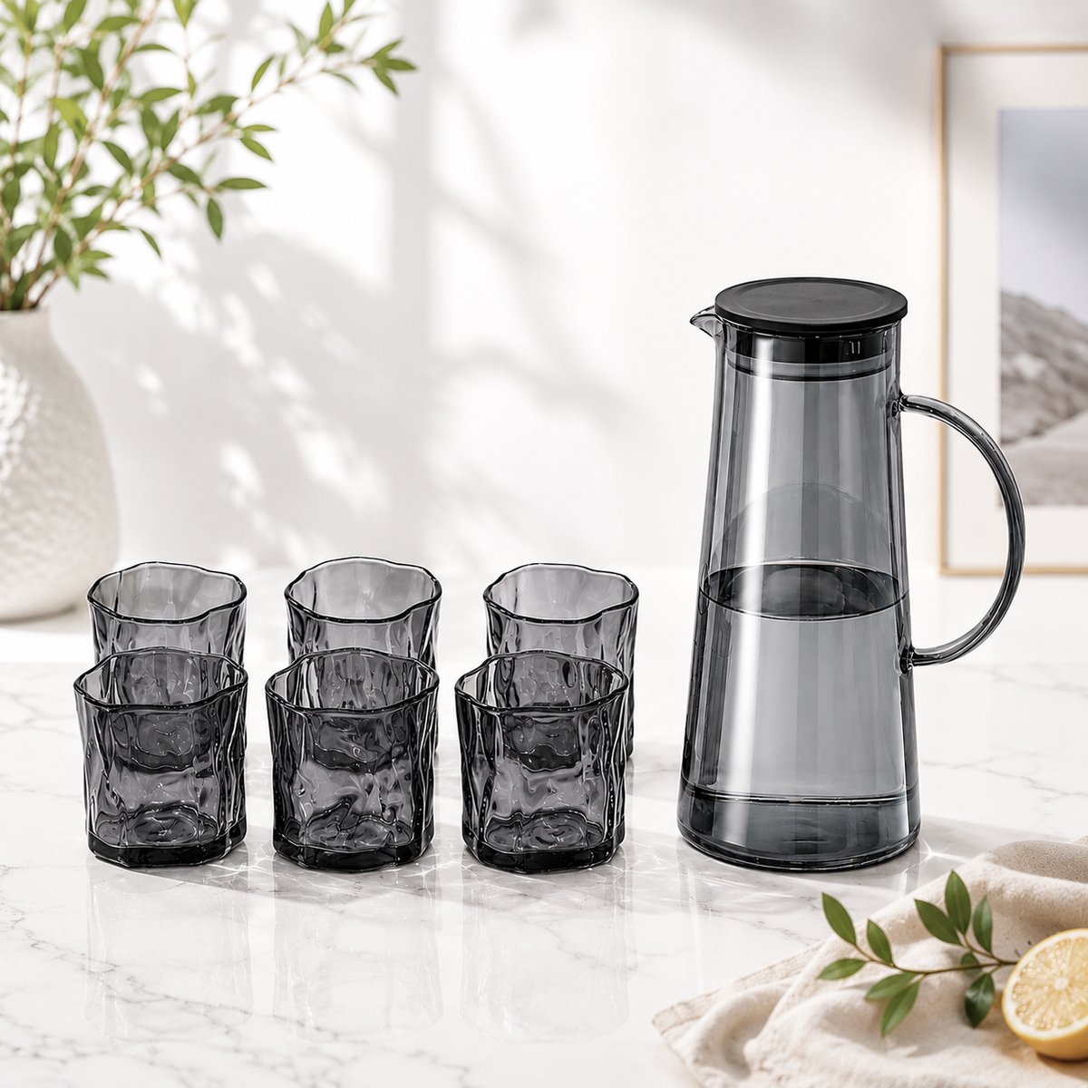 Glazen waterkan set - 6 glazen - drinkglazen - waterkan met deksel en filter - glazen waterkan - schenkkant - - fruitwaterkan - multifunctionele decanteerkan - waterkan met deksel - waterkan