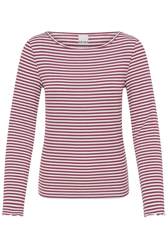 Burgondische en wit gestreepte rib-gebreide longsleeve van ICHI, van voren gezien.