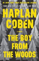 Boekcover 'The Boy from the Woods' van Harlan Coben, met gele tekst op een grijze achtergrond met bomen.