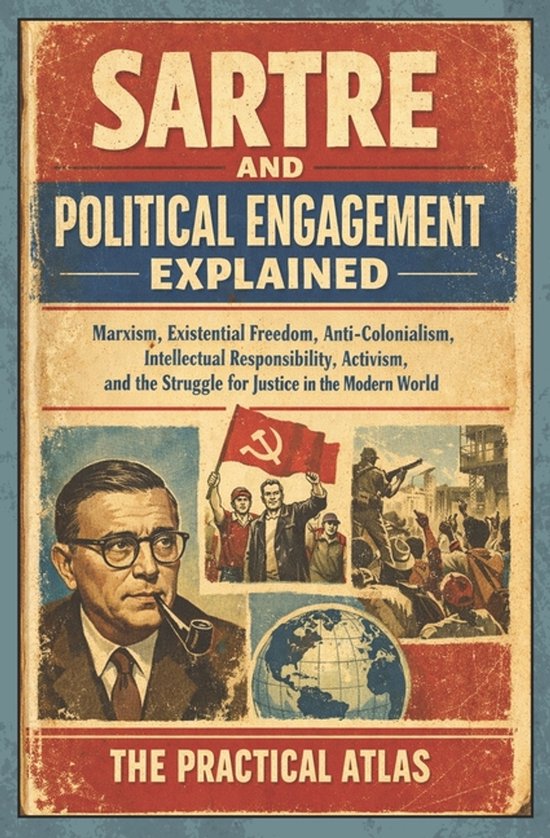 Boekcover: "Sartre and Political Engagement Explained" met portret van Jean-Paul Sartre met pijp en thema's als Marxisme, antikolonialisme, activisme.