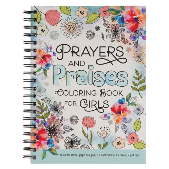 Gebeden en Lofprijzingen Kleurboek voor Meisjes, met veel kleurrijke bloemen en kalligrafie. Bevat 40 ontwerpen, 16 bladwijzers, 15 kaarten en 9 cadeaulabels.