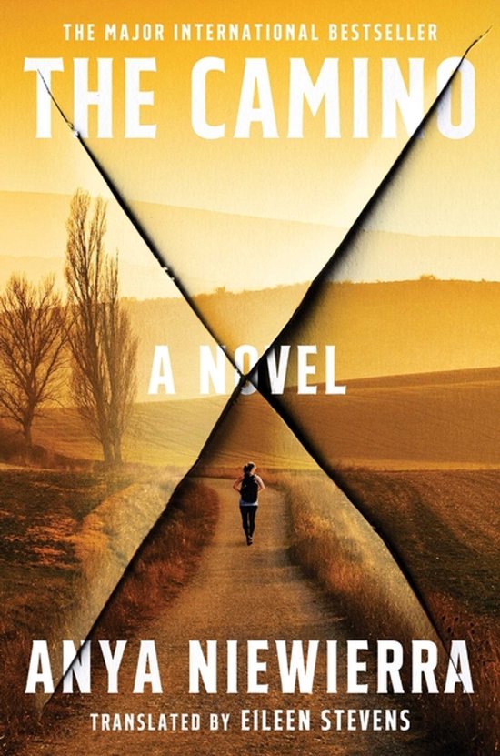 Boek kaft van 'The Camino', een roman door Anya Niewierra. Een vrouw loopt op een landweg onder een grote, gele lucht.