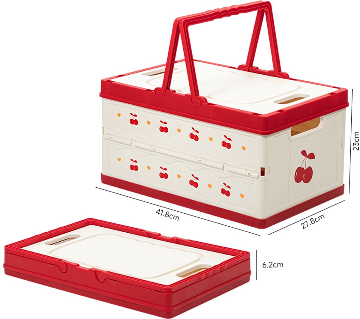 Grote plastic opbergmand met deksel, opvouwbaar, draagbare picknickmand, Geschikt voor kleding, boeken en diverse spullen (rood en wit).