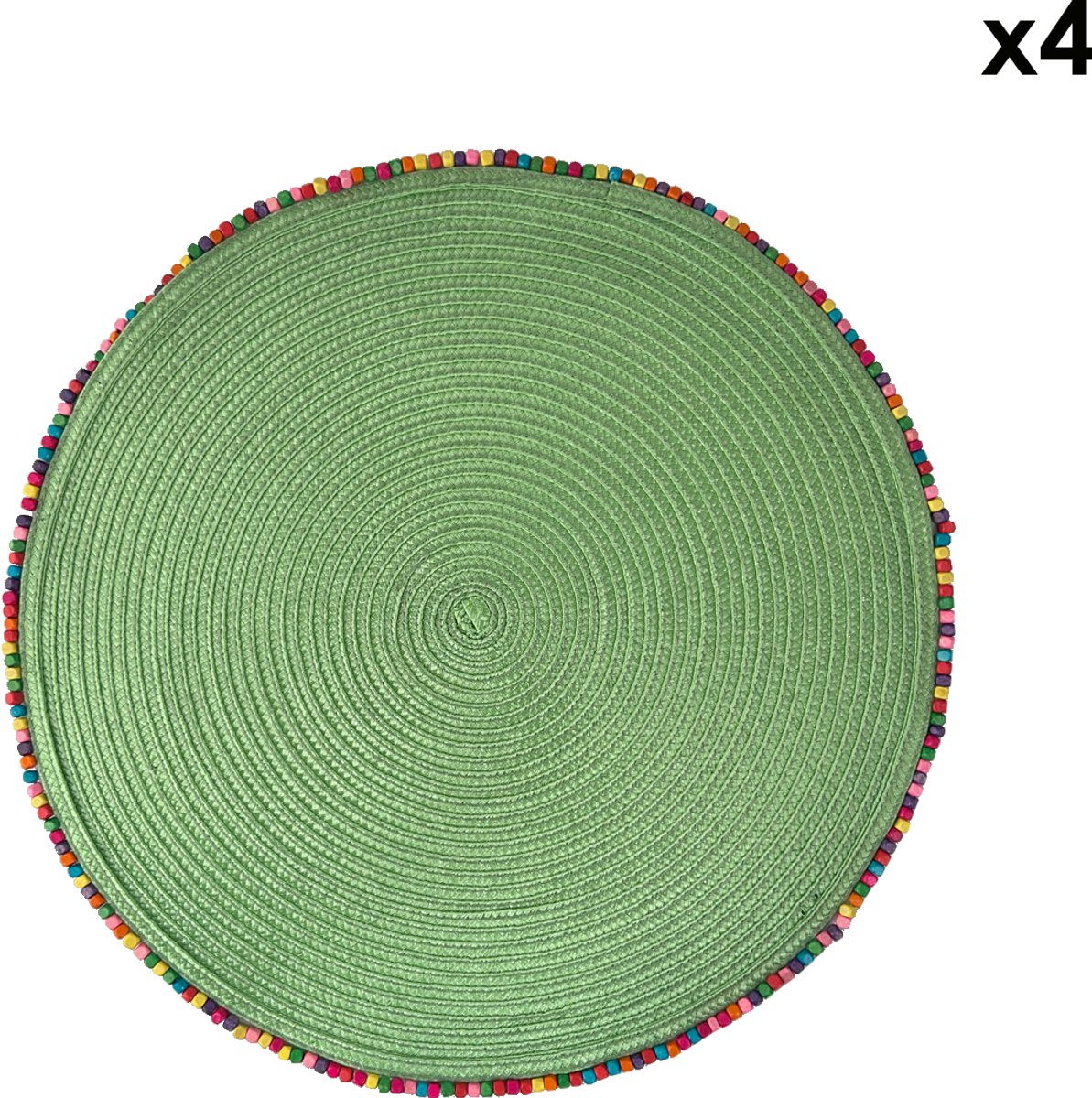 Arca BORDATO Set van 4 Groene Placemats Rond 38cm, met speelse houten kralen afboording - polyester - onderhoudsvriendelijk