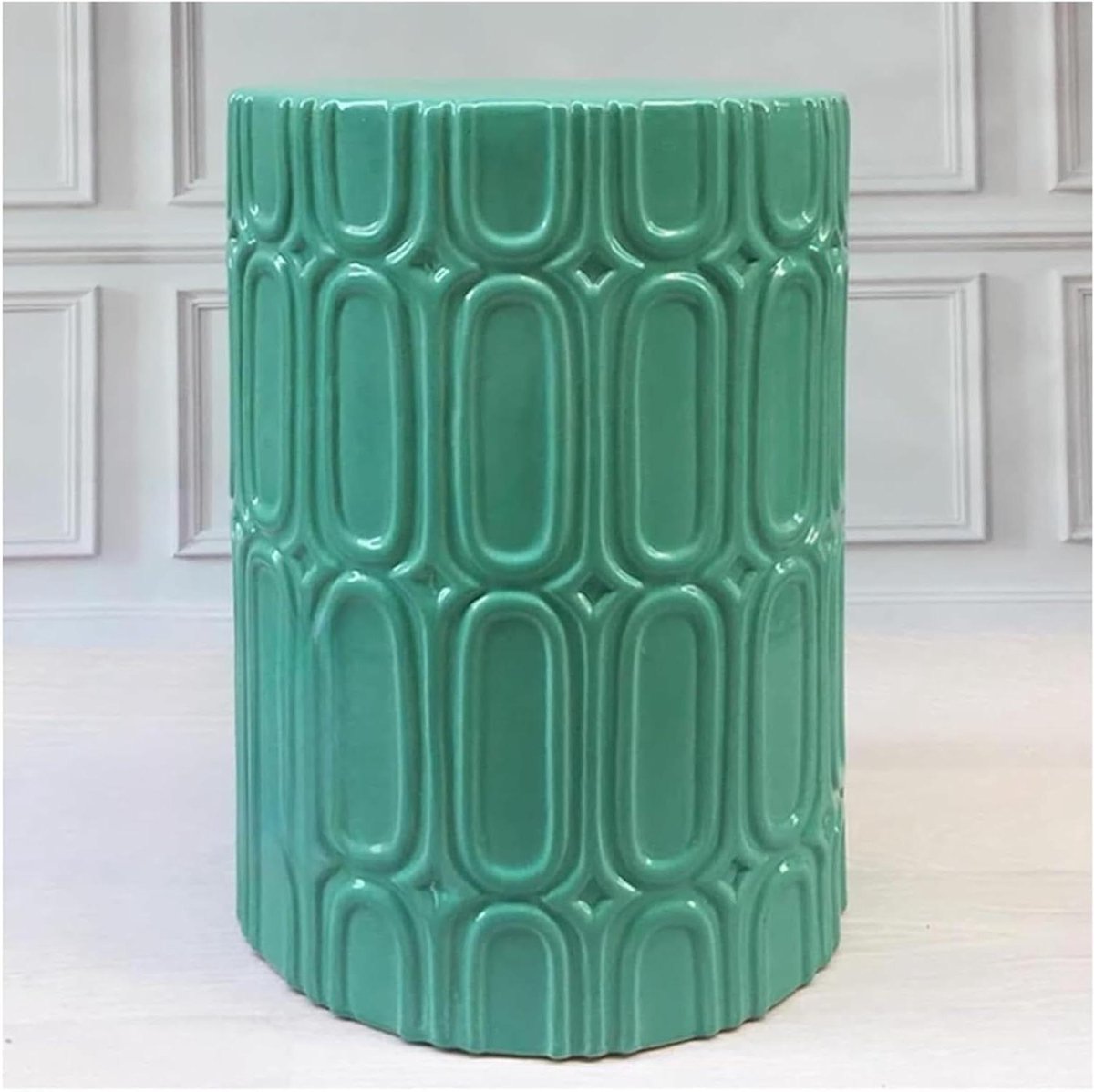 Keramische Kruk - Decoratieve Zit - Tuin Decoratie - Handbeschilderd Geometrisch - 40 cm Hoog - Groen