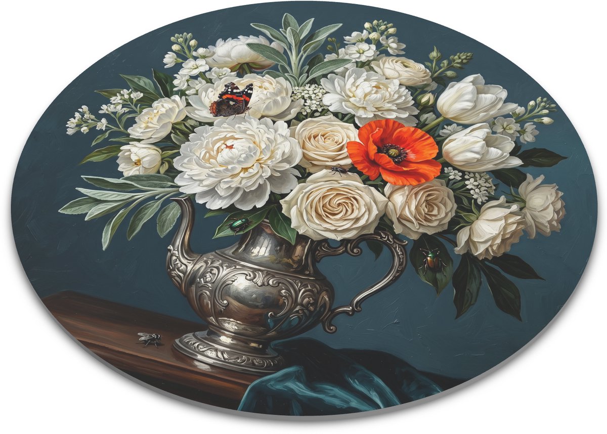 Ronde muismat met vintage stilleven van witte pioenen en een felle rode klaproos in zilveren tuitkan - Elegant bloemenboeket met vlinder - Bureau-accessoire - Diameter 22 cm