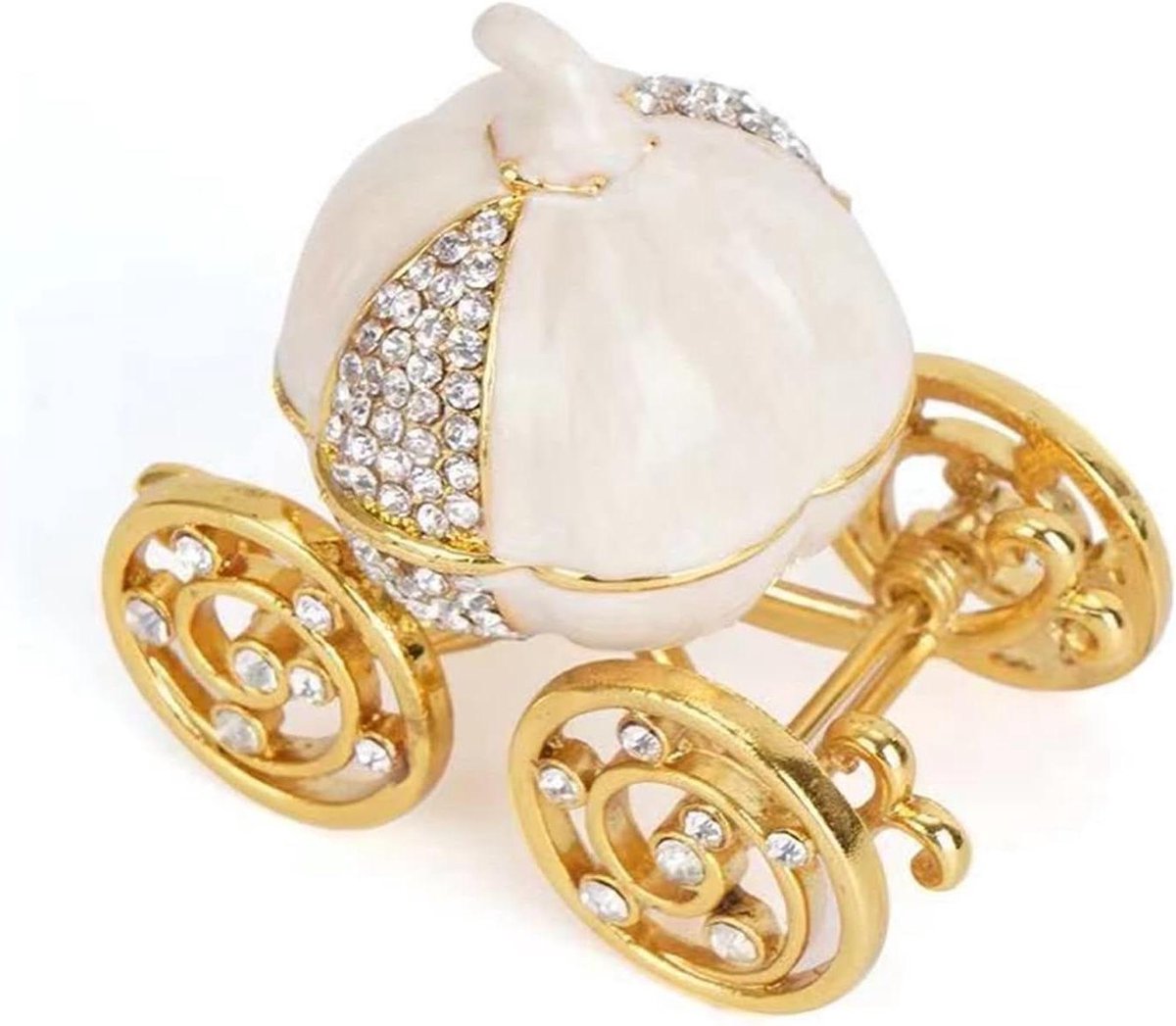 Opbergdoos Pompoenkoets - Sieraden doosje - Kleine spullen bewaren - Handgemaakt met strass - 4.5 x 7.5 cm - Wit