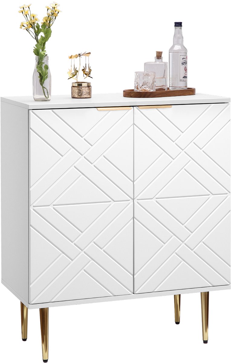 Sideboard Buffetkast Met 3D Geometrische Deuren - Goudkleurige Poten En Verstelbare Planken Voor Eetkamer Keuken Hal- Wit - 74x40x88cm